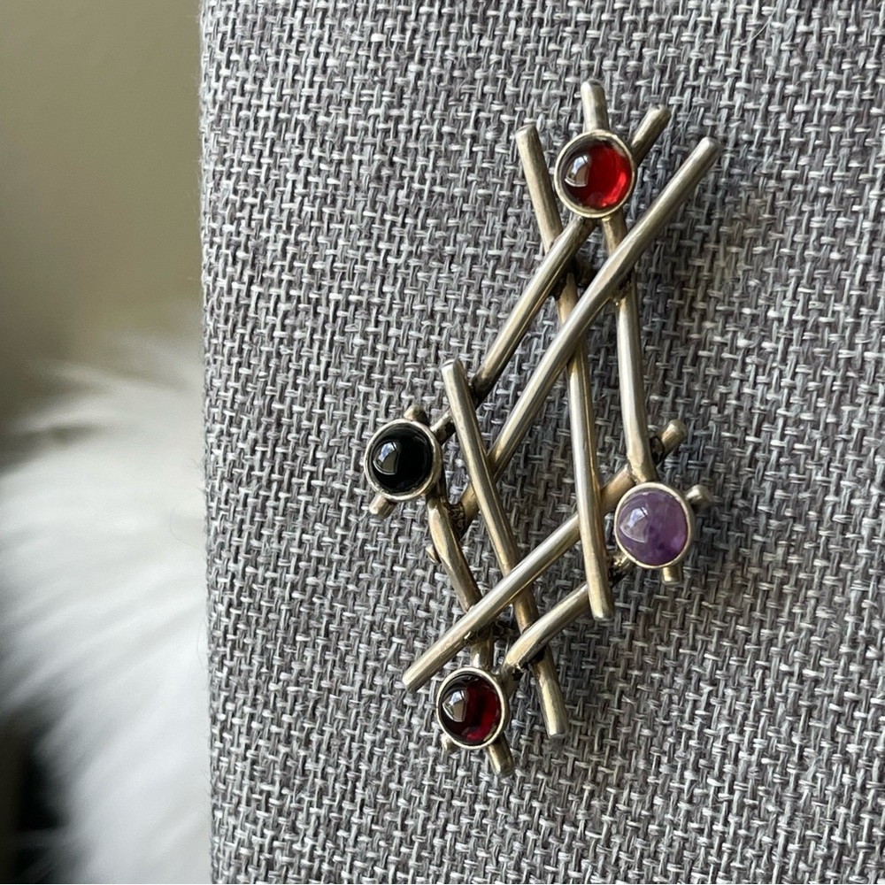 CARSI | Vtg | 925 Sterling Silver Mexico Modernist Structural Gemstones Brooch